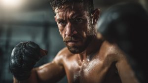 Sporter traint intensief tijdens kickboksen en werkt aan kracht, conditie en mentale focus.