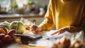 Persoon maakt huishoudbudget terwijl eetgedrag stress invloed heeft op dagelijkse voedingskeuzes.