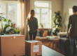 Verhuisdozen in een lichte woonkamer met bewoners die hun nieuwe woning bekijken.