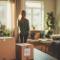Verhuisdozen in een lichte woonkamer met bewoners die hun nieuwe woning bekijken.