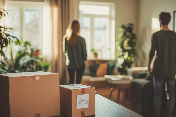 Verhuisdozen in een lichte woonkamer met bewoners die hun nieuwe woning bekijken.