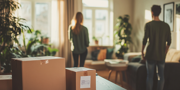 Verhuisdozen in een lichte woonkamer met bewoners die hun nieuwe woning bekijken.