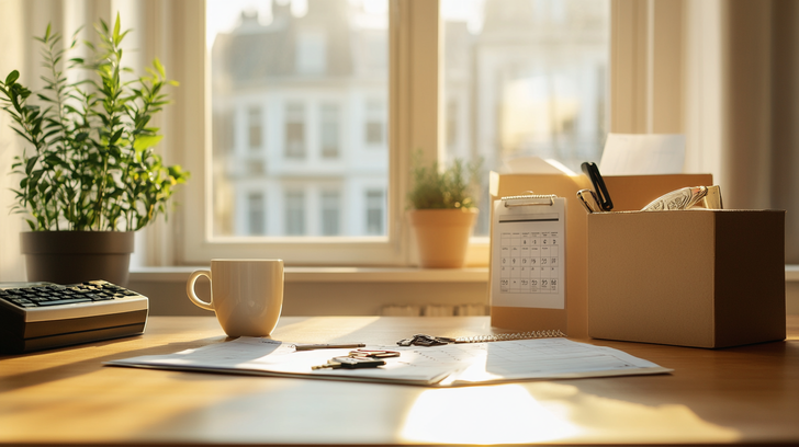 Tafel met verhuisdozen, checklist en sleutels voor een rustige en goed geplande verhuizing.