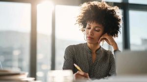 Ondernemer werkt geconcentreerd aan prioriteiten om meer rust te creëren tijdens drukke werkweken.