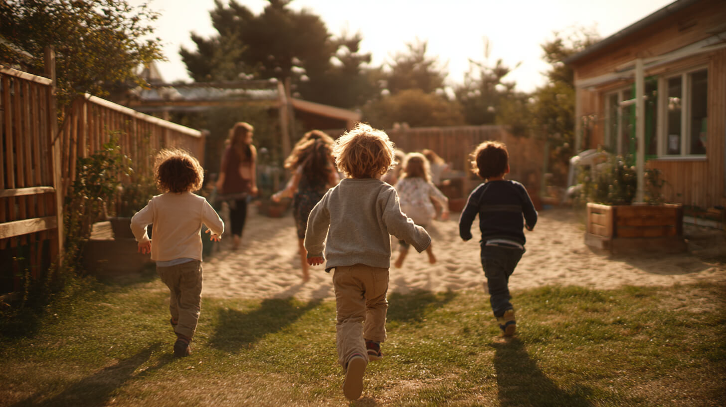 Groep kinderen rent vrolijk over het gras van de buitenspeelplaats bij de kinderopvang tijdens een zonnige middag