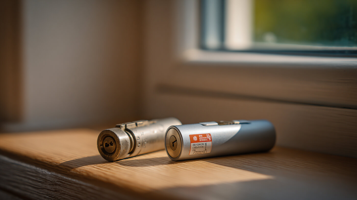Twee cilinderdeurslotten liggen op een houten vensterbank, met een verweerd exemplaar links en een nieuwer model met oranje productlabel rechts