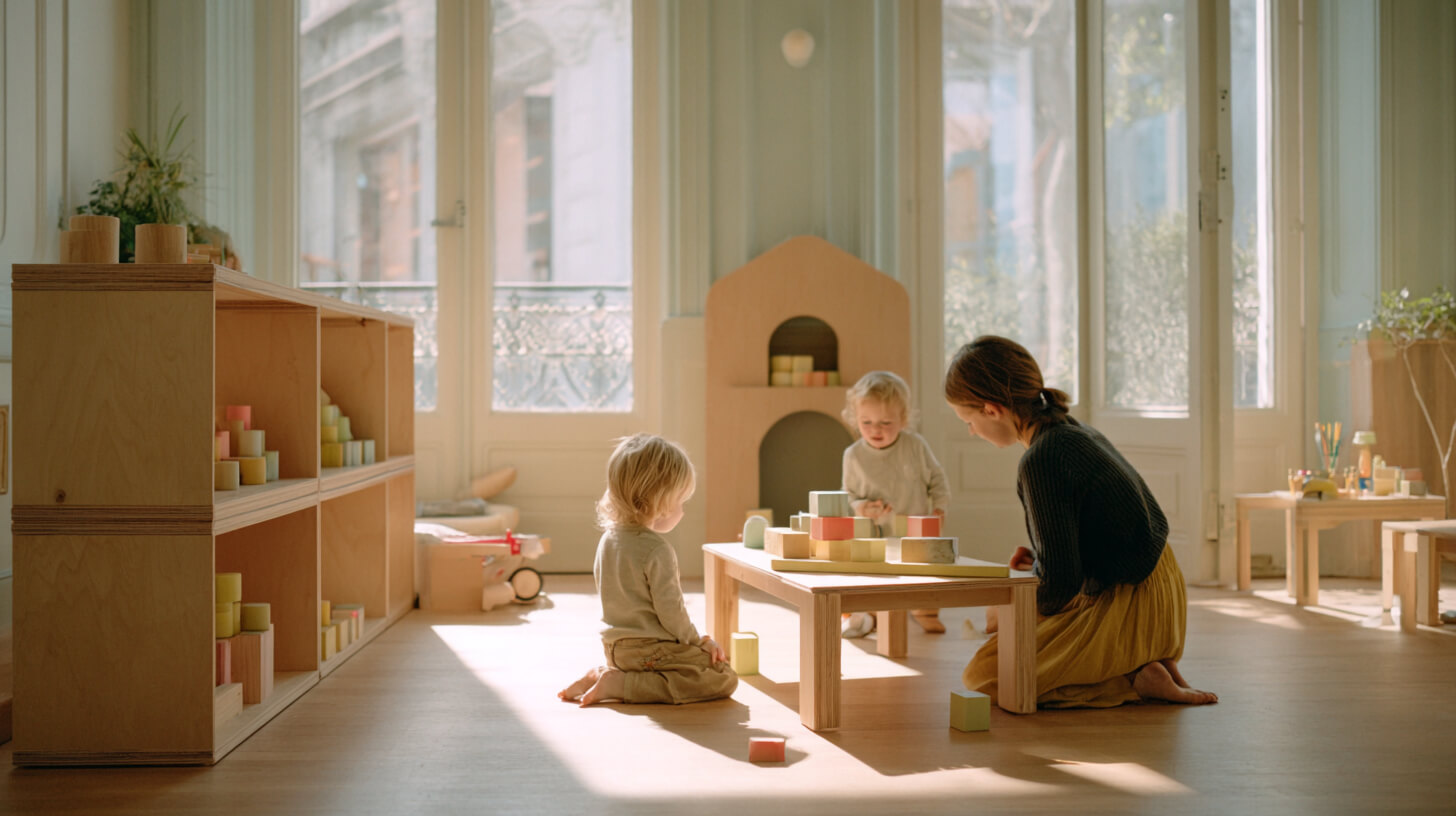 Begeleidster speelt met blokken samen met twee peuters aan een lage tafel in een lichte kinderopvangruimte