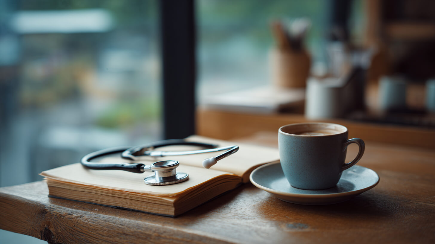 Stethoscoop op een opengeslagen boek naast een kop koffie op een houten tafel, symbool voor zelfzorg en medische kennis