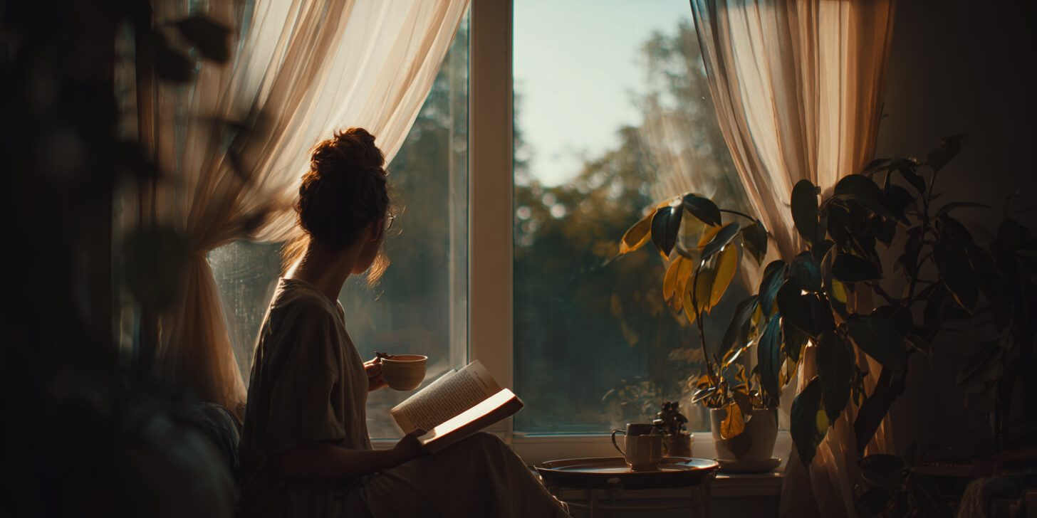 Voor jezelf zorgren Vrouw geniet van een moment voor zichzelf met een boek en koffie bij het raam, onderdeel van dagelijkse zelfzorg