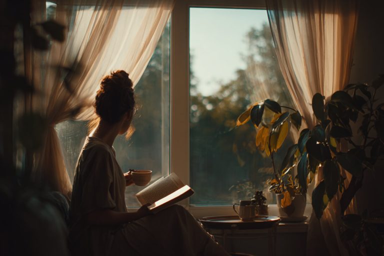 Voor jezelf zorgren Vrouw geniet van een moment voor zichzelf met een boek en koffie bij het raam, onderdeel van dagelijkse zelfzorg