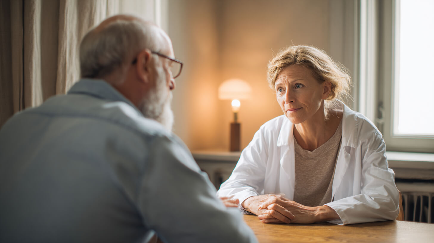 Huisarts in gesprek met een oudere patiënt aan tafel tijdens een rustig consult over zijn klachten