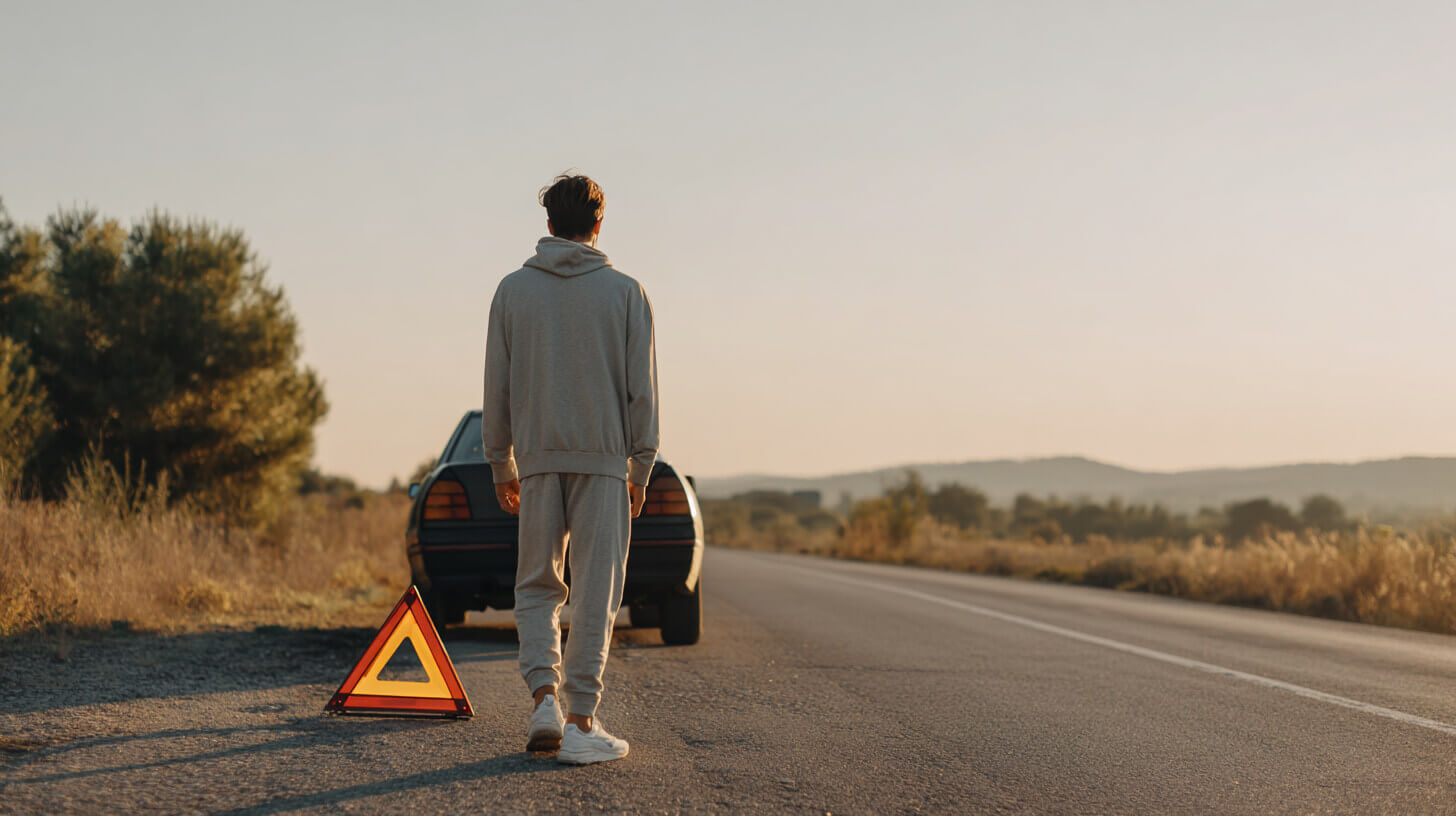 Man loopt weg van zijn gepechte auto met gevarendriehoek op de weg tijdens zonsopgang