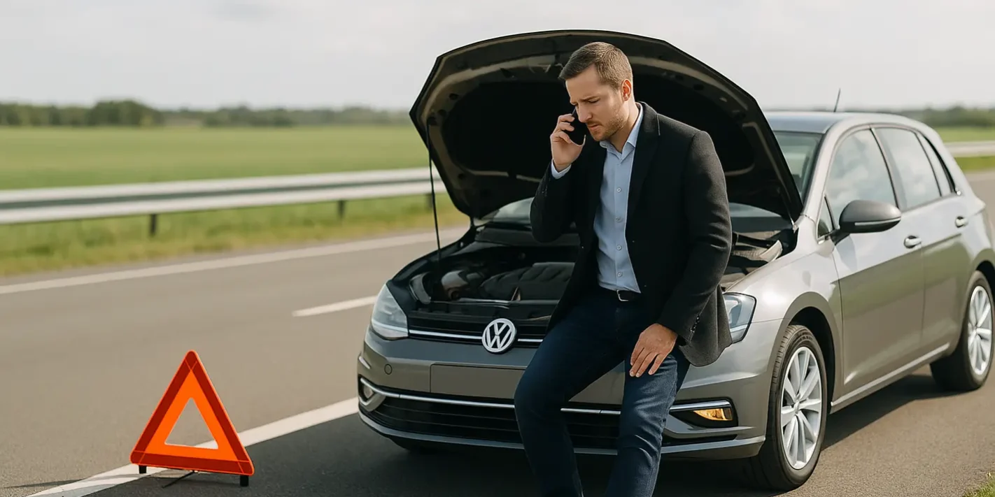 Automobilist inspectert auto met pech langs veilige weg