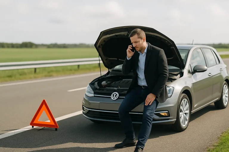 Automobilist inspectert auto met pech langs veilige weg