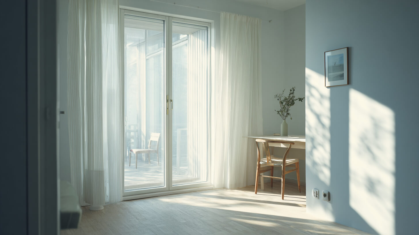 Zonlicht valt door hoge raampartij en vitrages op een houten vloer bij een zithoek met eettafel
