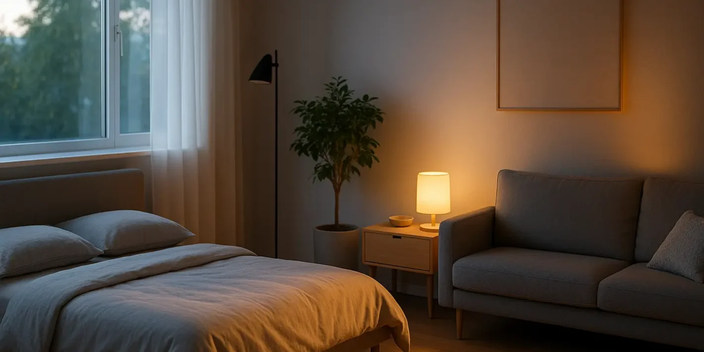 Moderne woonkamer met natuurlijk daglicht en warm kunstlicht voor lichtplan