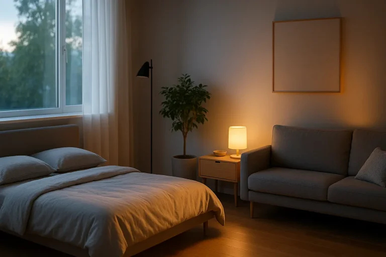 Moderne woonkamer met natuurlijk daglicht en warm kunstlicht voor lichtplan