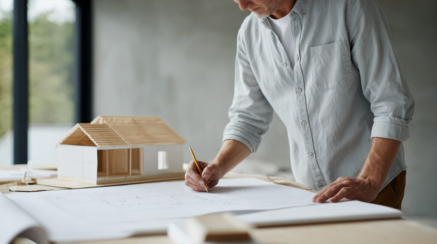 Architect werkt aan een bouwtekening naast een houten schaalmodel van een woning