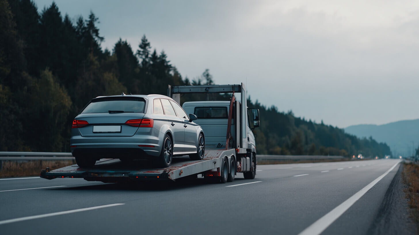 Auto wordt op een dieplader vervoerd door een berger tijdens schemerig weer op de snelweg