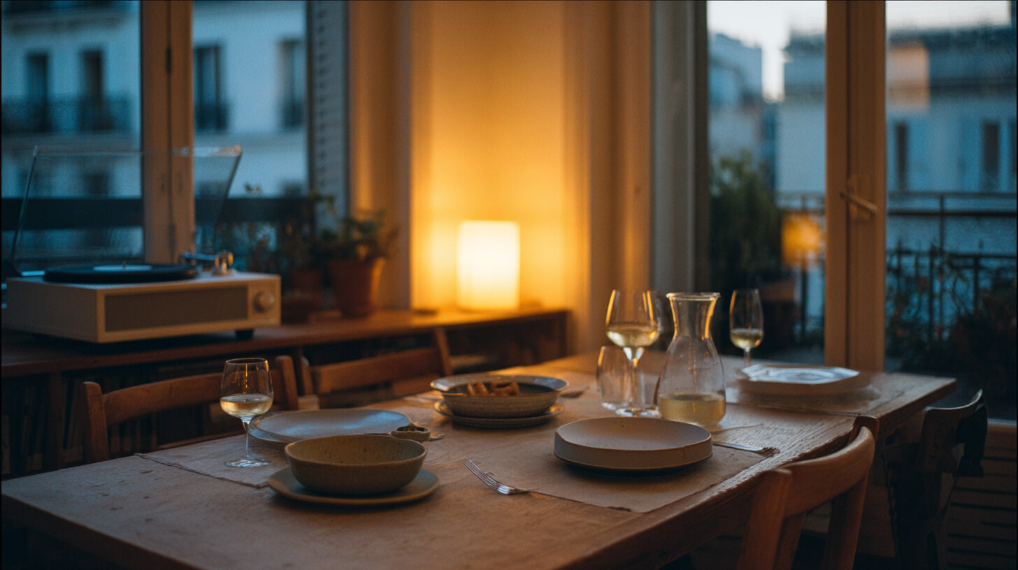 Sfeervol gedekte eettafel bij avondlicht met platenspeler op de achtergrond voor een ontspannen maaltijd