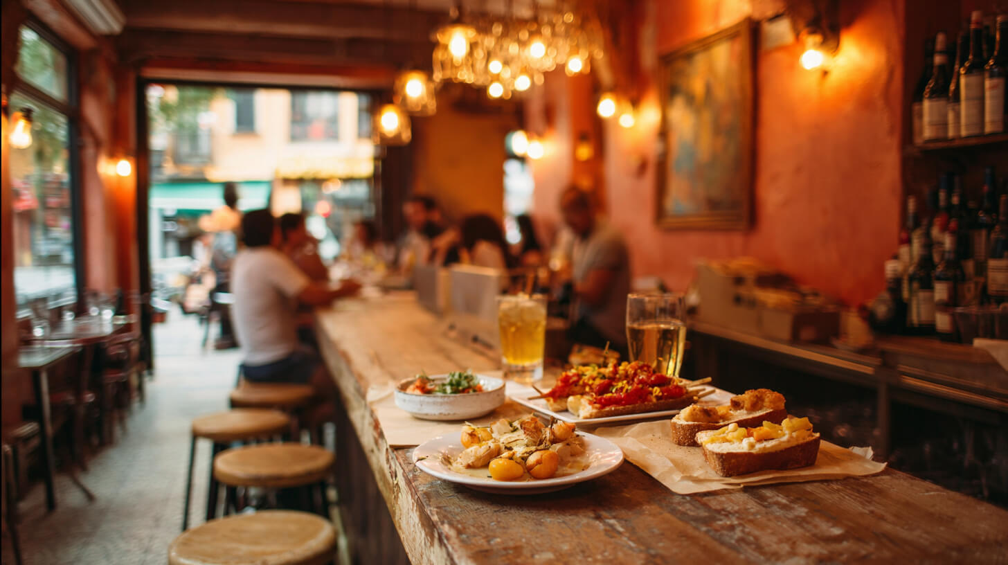 Traditionele Spaanse tapasbar met kleine gerechtjes en gasten die gezellig samen aan de bar zitten