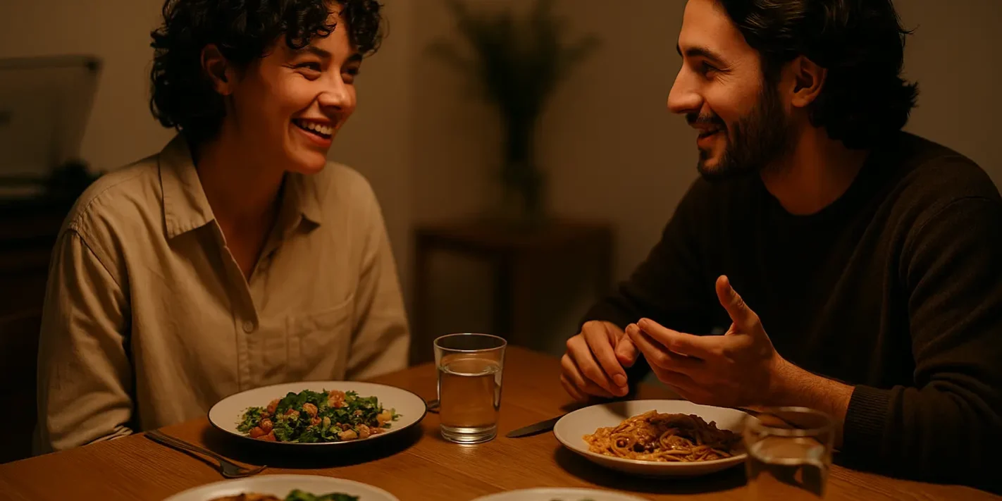 Twee personen genieten van Spaanse cultuur aan verlichte eettafel