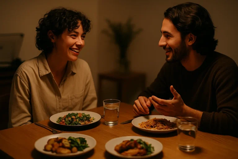 Waarom muziek en gastronomie zo goed samengaan Twee personen genieten van Spaanse cultuur aan verlichte eettafel