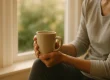 Hand met warm kopje bij raam, persoonlijke coaching moment