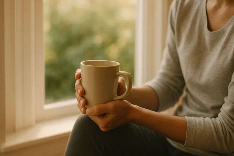 Hand met warm kopje bij raam, persoonlijke coaching moment