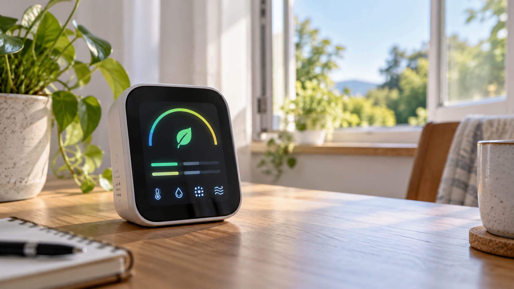 Een slimme luchtkwaliteitsmeter op een houten bureau toont een groene indicator terwijl er frisse lucht door een openstaand raam naar binnen komt