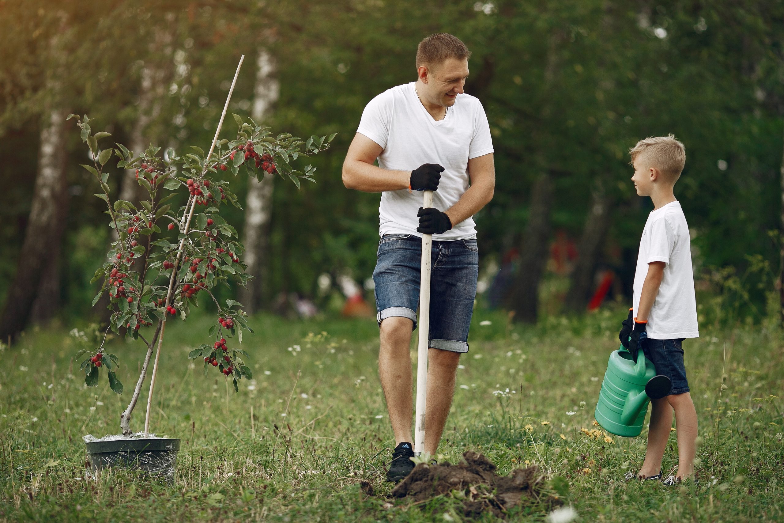 Vader graaft in tuin samen met zoon