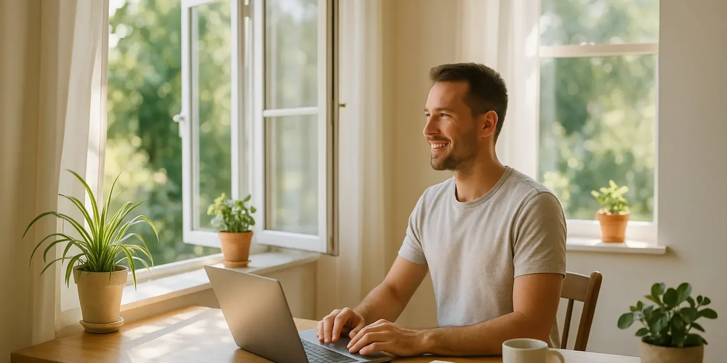 Waarom frisse lucht en daglicht bijdragen aan je energieniveau Persoon aan bureau bij groot raam, frisse lucht energieniveau hoger door natuurlijk licht