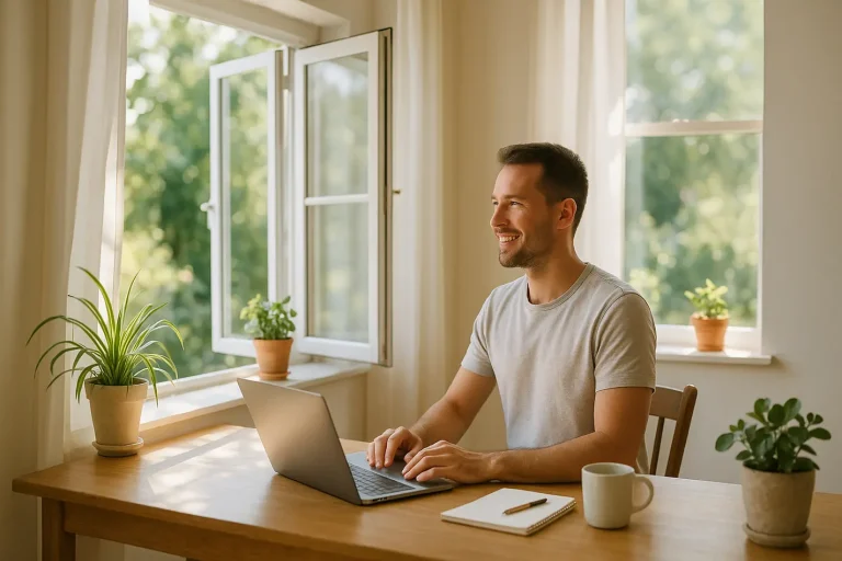 Waarom frisse lucht en daglicht bijdragen aan je energieniveau Persoon aan bureau bij groot raam, frisse lucht energieniveau hoger door natuurlijk licht
