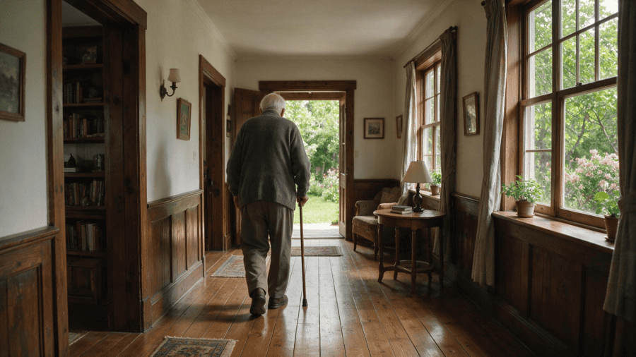 Een oude man met een wandelstok loopt door de gang.
