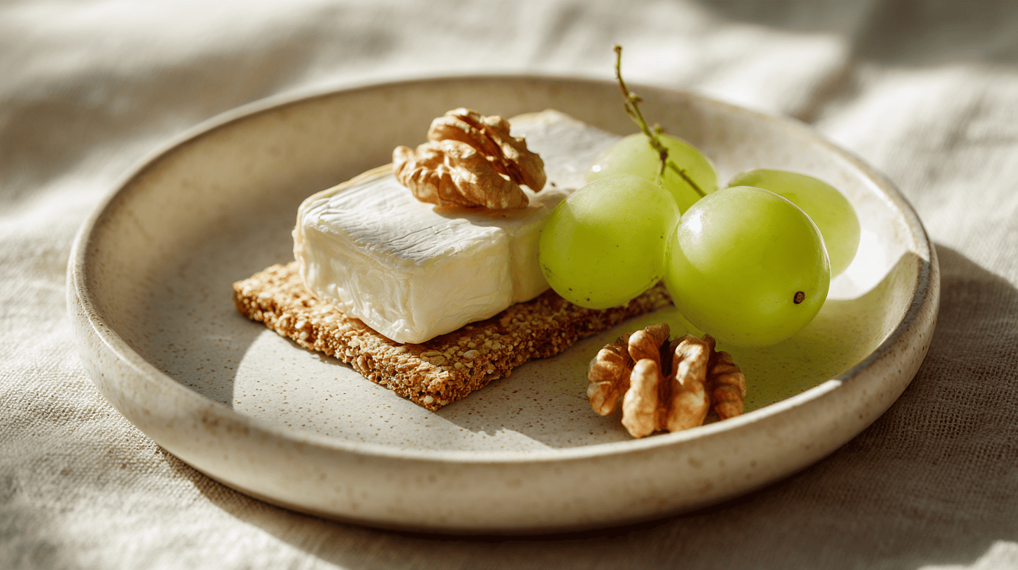 plakje brie op cracker met walnoten en druiven