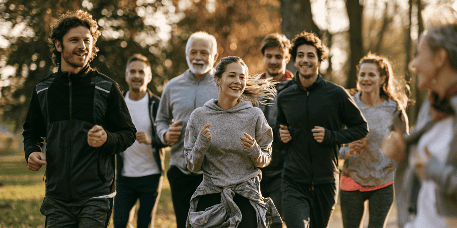 Groep van zes volwassenen die samen hardloopt in een park, een voorbeeld van sporten in groepsverband