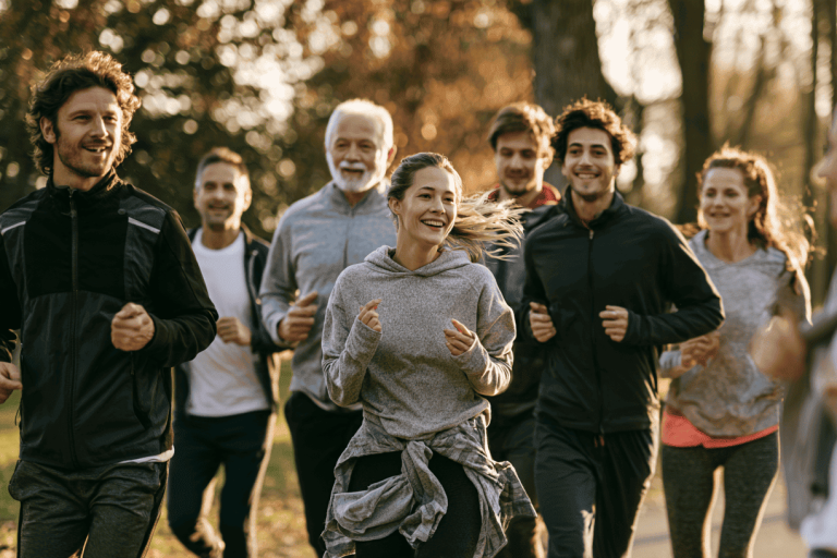 sporten in groepsverband hardloopgroep Groep van zes volwassenen die samen hardloopt in een park, een voorbeeld van sporten in groepsverband