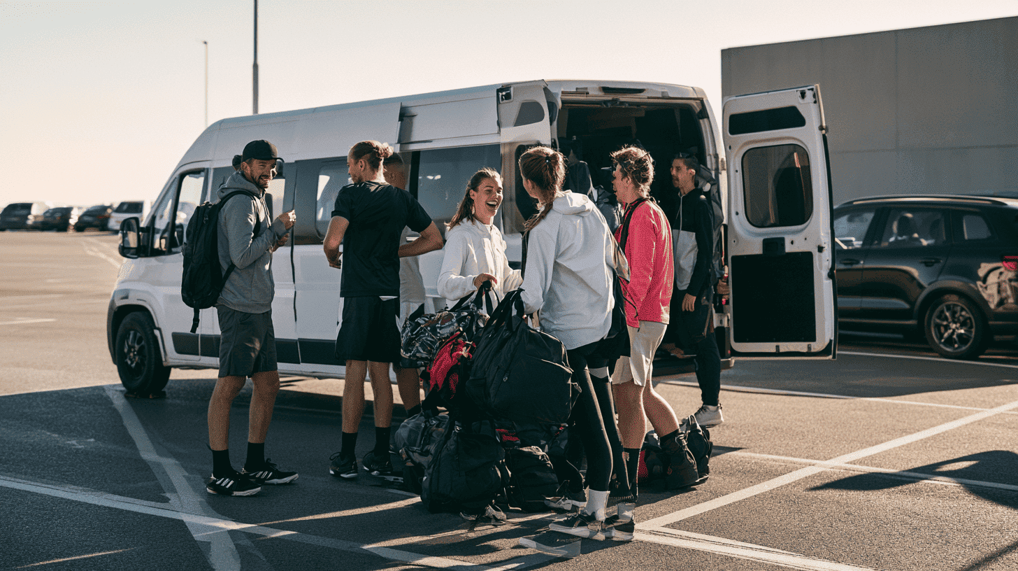 Sportgroep laadt tassen in een negenpersoonsbus voor vertrek naar een toernooi