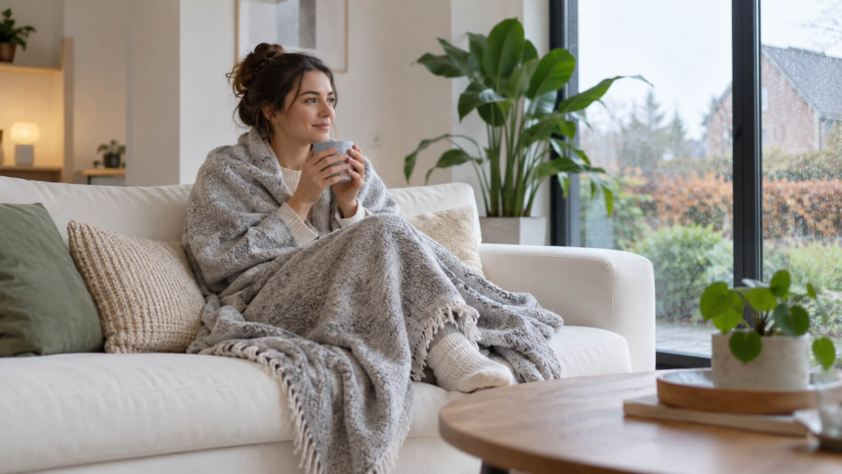 Vrouw in een grijze deken met een mok op een witte bank in een lichte woonkamer met uitzicht op een regenachtige tuin