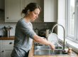 Vrouw houdt haar onderarm onder stromend kraanwater in de keuken om een verbrande huid te koelen
