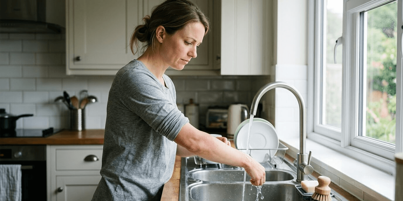 Vrouw houdt haar onderarm onder stromend kraanwater in de keuken om een verbrande huid te koelen