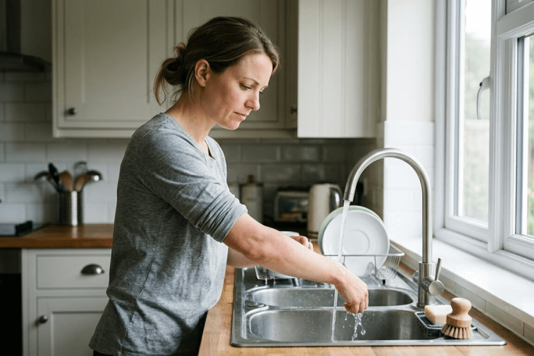 Vrouw houdt haar onderarm onder stromend kraanwater in de keuken om een verbrande huid te koelen