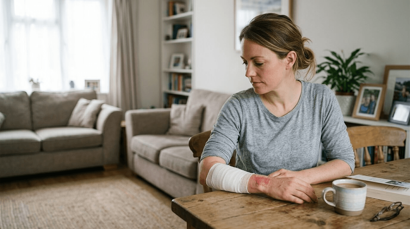 Vrouw zit aan een houten tafel en kijkt naar haar verbonden onderarm met een rode, verbrande plek op de hand