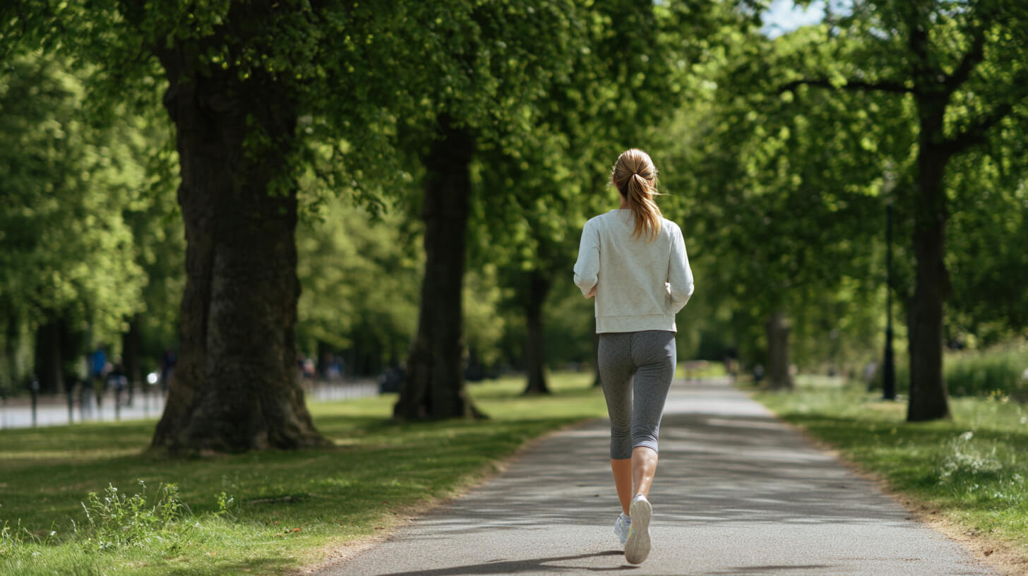 Vrouw in sportkleding wandelt van achteren gezien rustig over een schaduwrijk parkpad als eerste stap in de terugkeer naar sport