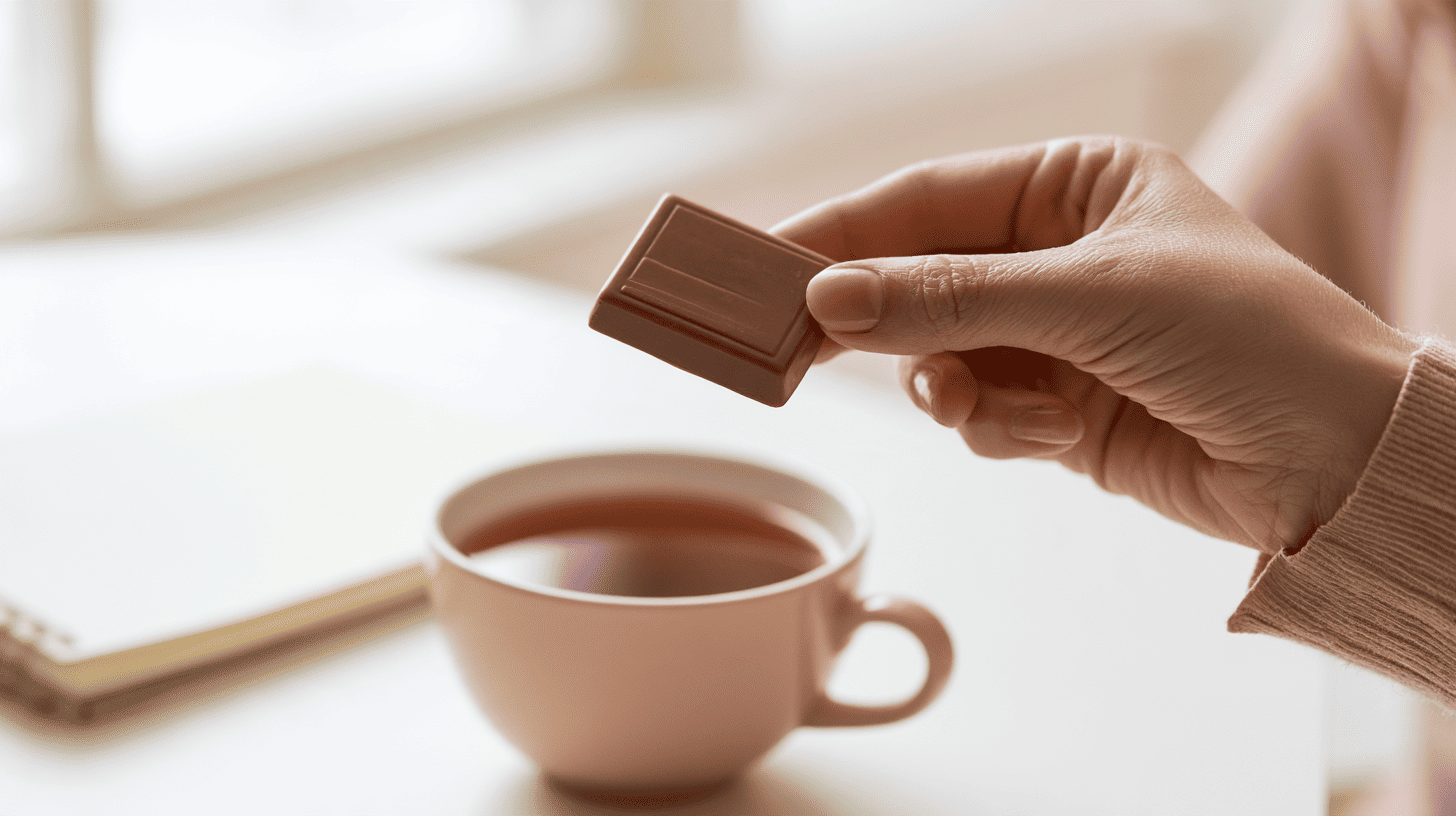 Bewust genieten van een stukje melkchocolade bij een kop thee