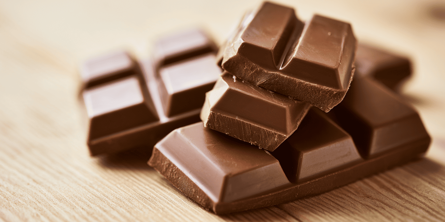 Blokjes melkchocolade op een houten tafel