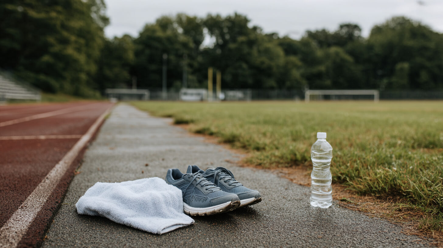Sportschoenen, een opgevouwen handdoek en een waterfles op het pad langs een atletiekbaan en grasveld, klaar voor een rustige herstelsessie