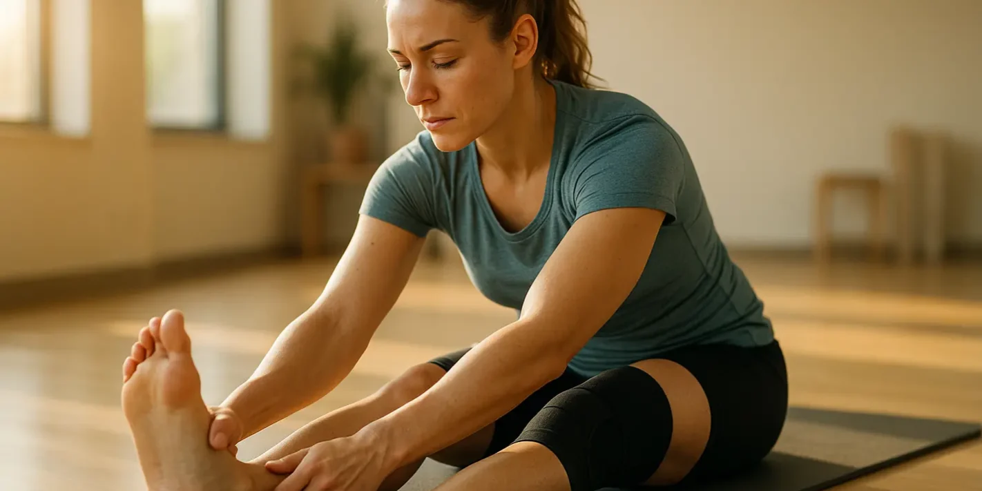 Vrouw strekt voorzichtig tijdens sporten na blessure