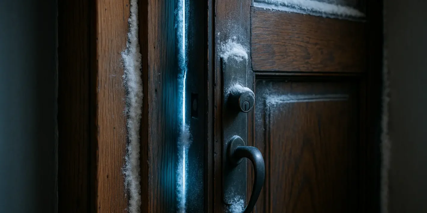 Houten voordeur met zichtbare spleten en tocht in huis door slechte afdichting