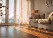 Lichte woonkamer met houten vloer en een groot raam